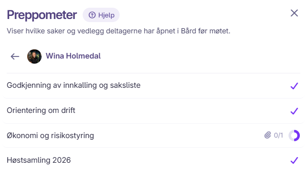 Status per sak for en deltager med haker for leste saker og ringer for delvis leste
