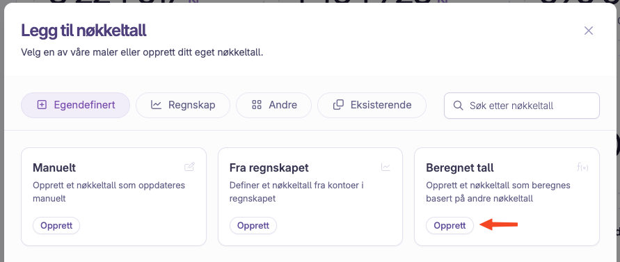 Skjermbilde 1: Sett opp beregnede nøkkeltall