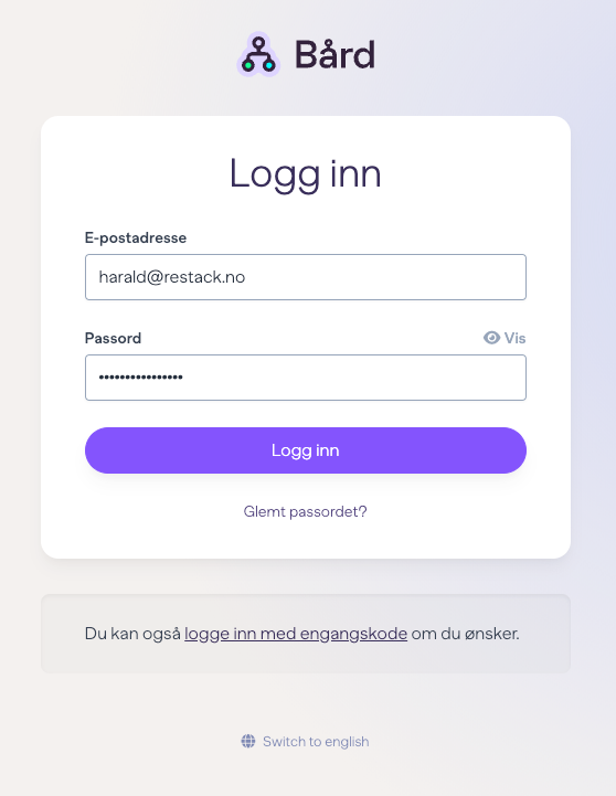 Innlogging med e-postadresse, passord, knapp for å vise passord og logg inn