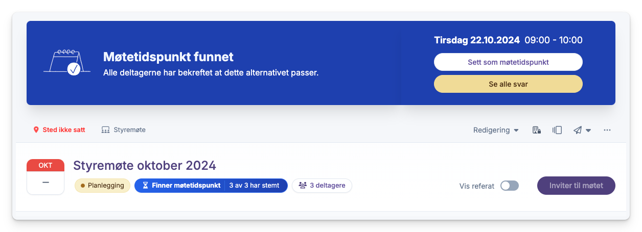 Møtetidspunkt funnet med tre deltakere planlegging og knapp for å sette
