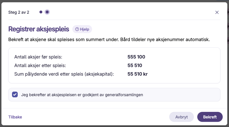 Oppsummering av aksjespleis med antall aksjer før og etter spleis og verdi