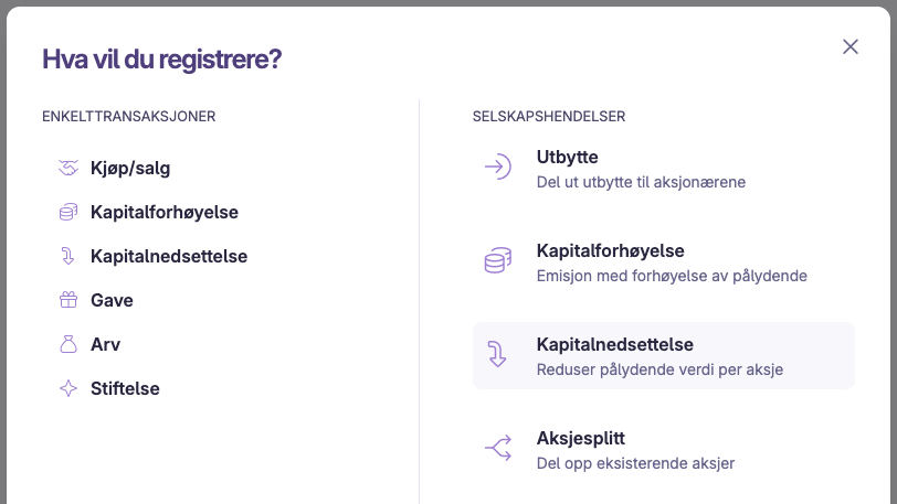 Skjermbilde 1: Kapitalnedsettelser med reduksjon av pålydende verdi