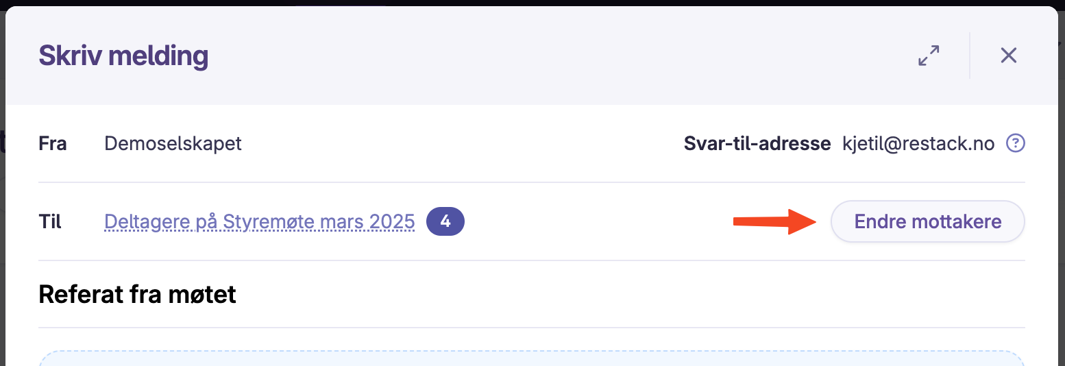 Dialog for å skrive melding med knapp for å endre mottakere