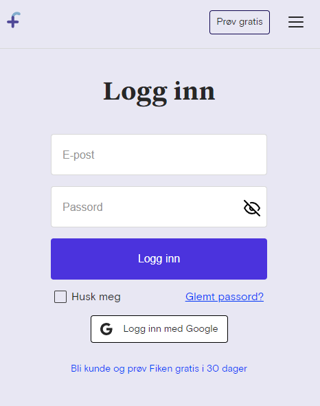 Logg inn med e-post og passord eller Google for tilgang til Fiken