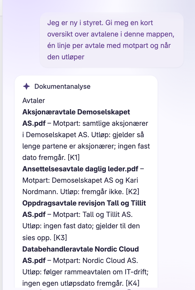 Analysekortet i chatten med en linje per avtale i mappen Avtaler, med motpart, utløp og kildehenvisning for hver