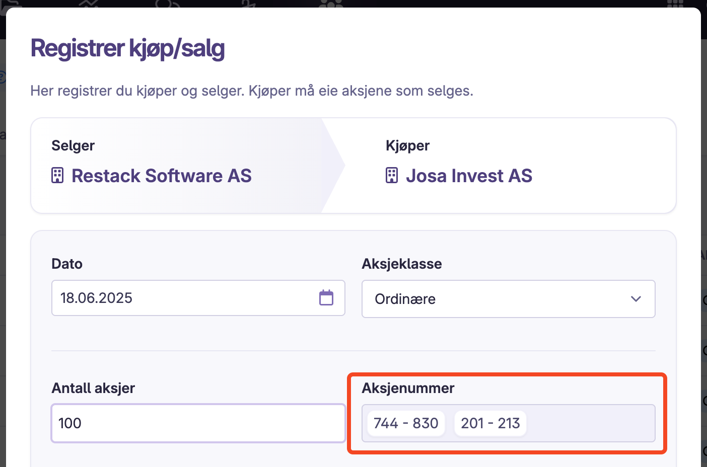 Registrere kjøp/salg transaksjon i aksjeeierboken i Bård