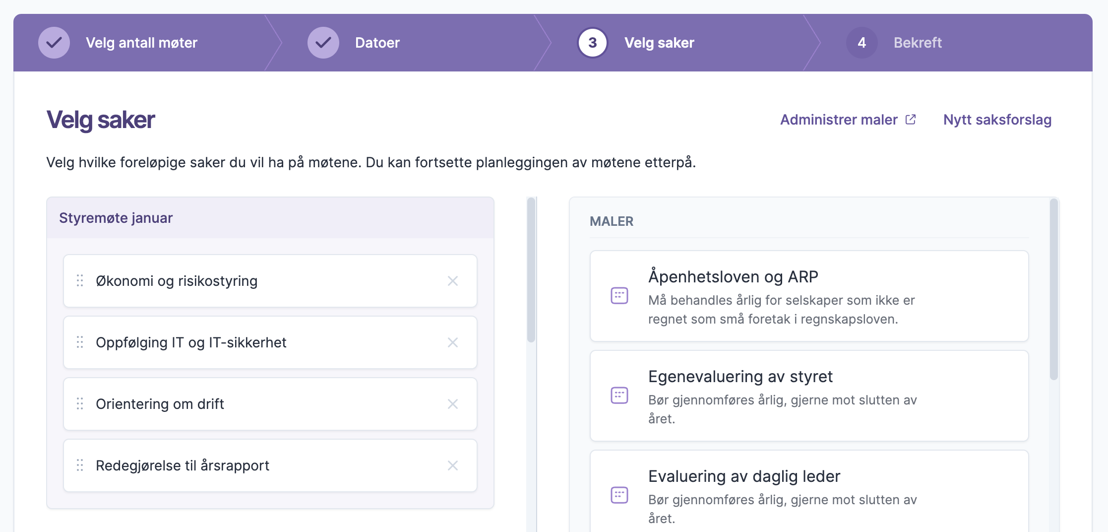 Planlegger møter med saker som kan dras og slippes mellom møter og maler
