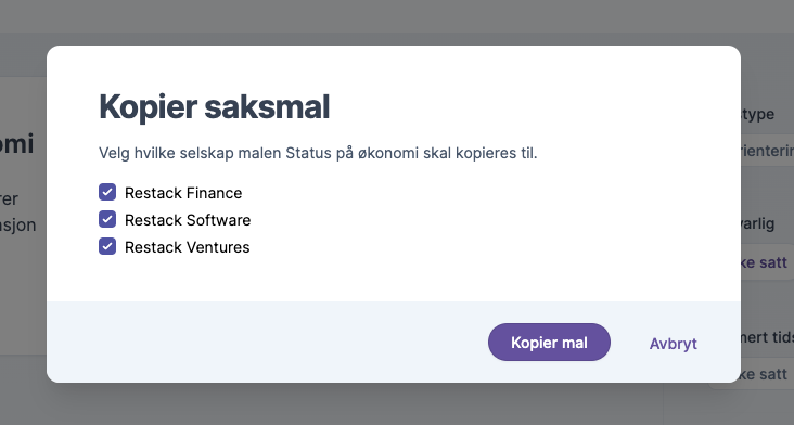 Dialogvindu for kopiering av saksmal med valg av selskaper i konsern