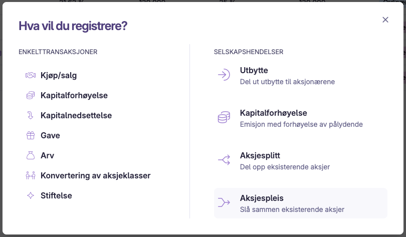 Registreringsvalg for transaksjoner og selskapshendelser i aksjeeierbok