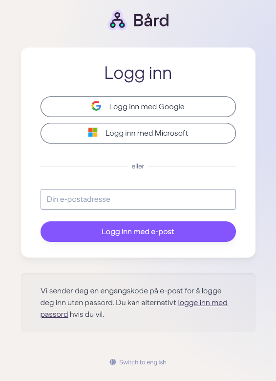 Innlogging med Google, Microsoft eller e-post og engangskode på e-post