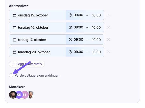 Liste med datoer og klokkeslett for avstemning og valg for varsling til