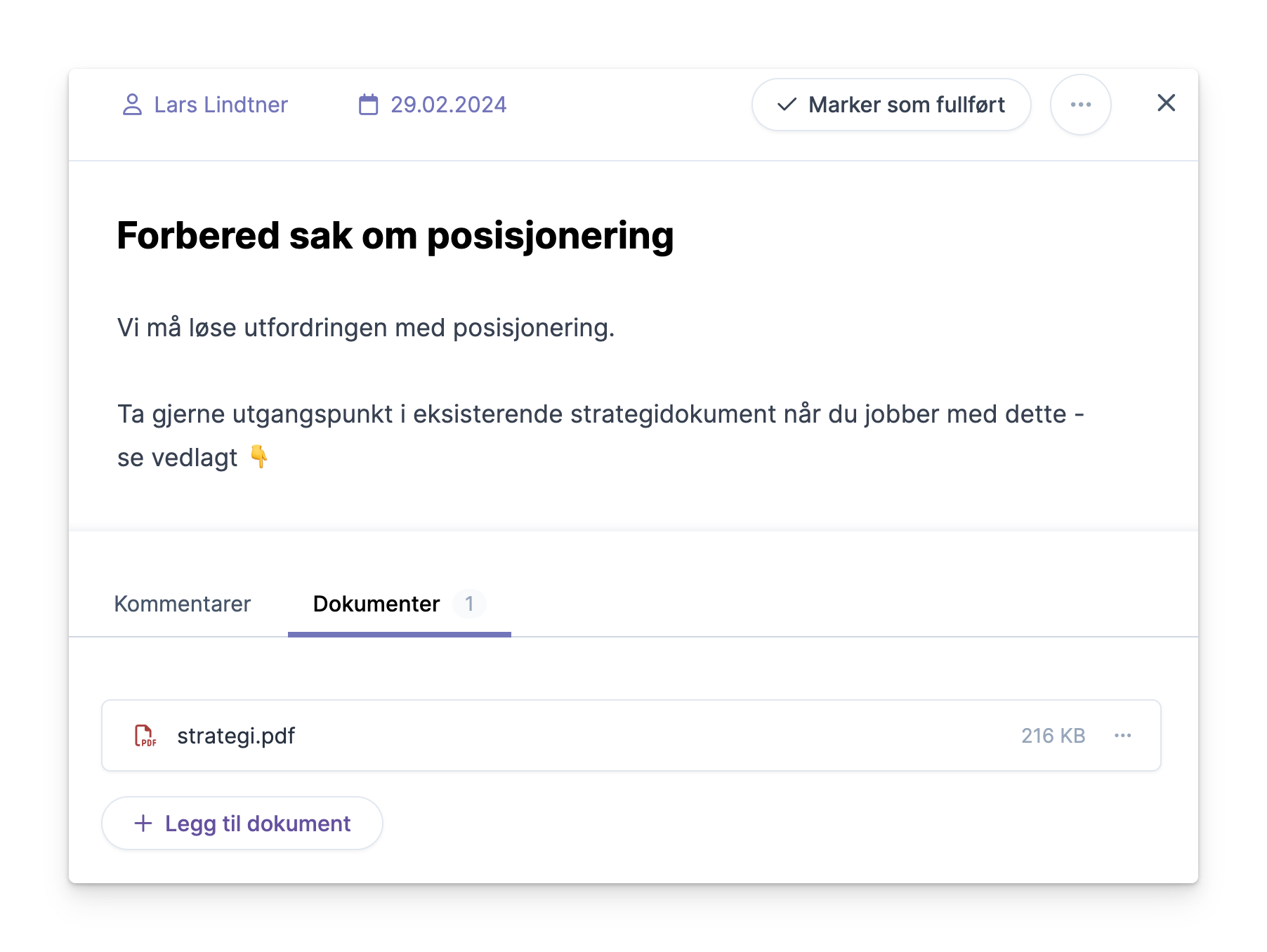 Oppgave om posisjonering med vedlagt strategidokument og mulighet for kommentar
