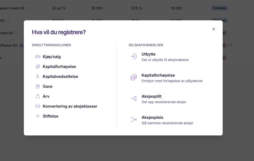 Valg for registrering av enkelttransaksjoner og selskaphendelser i aksjeeierbok