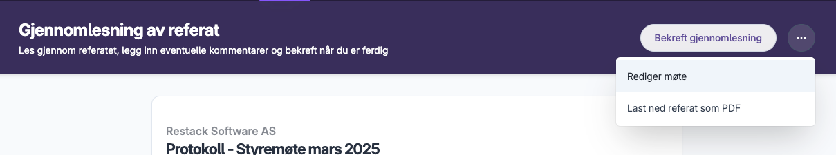 Møteprotokoll med meny for redigering og nedlasting av referat i PDF