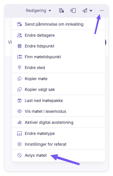 Meny for å avlyse et møte i Bård