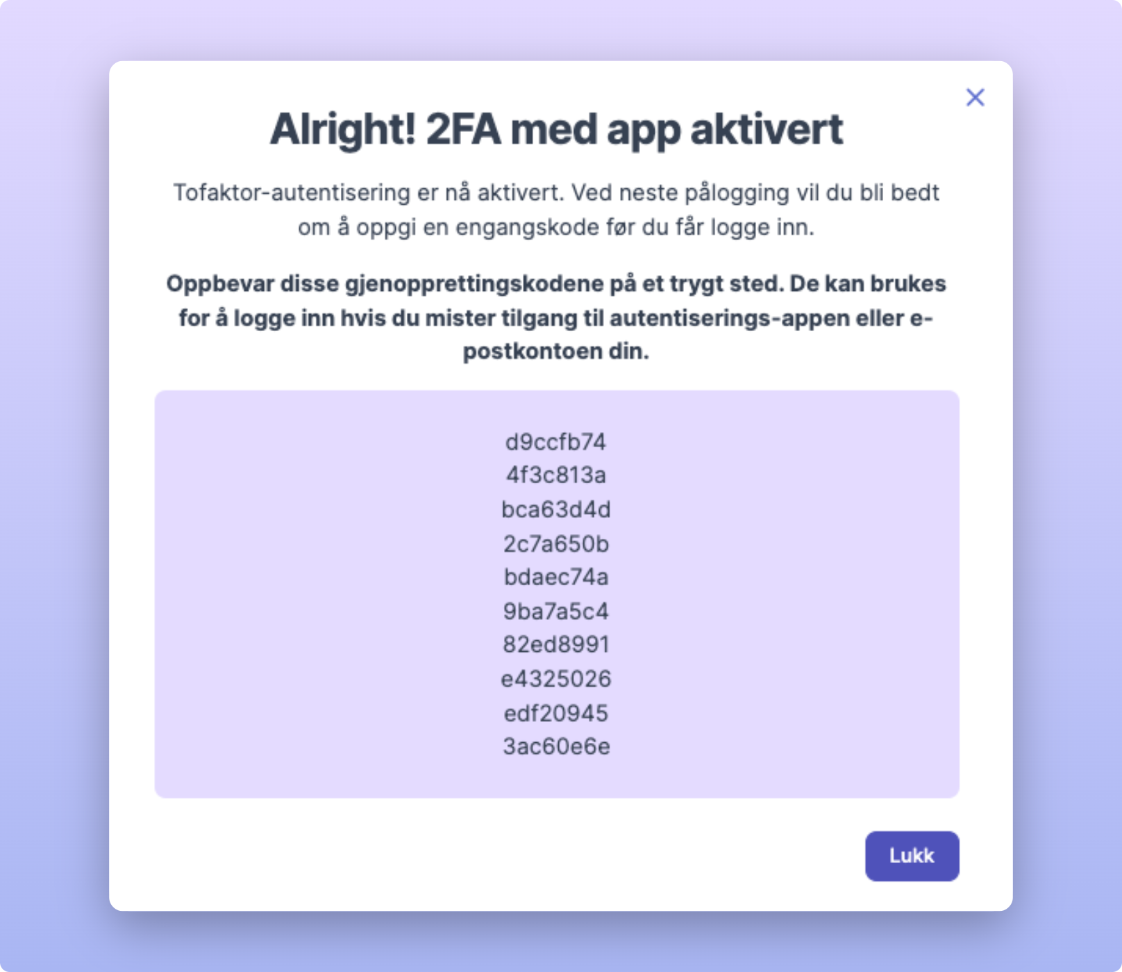Tofaktor-autentisering aktivert med sikkerhetskoder for gjenoppretting lagret