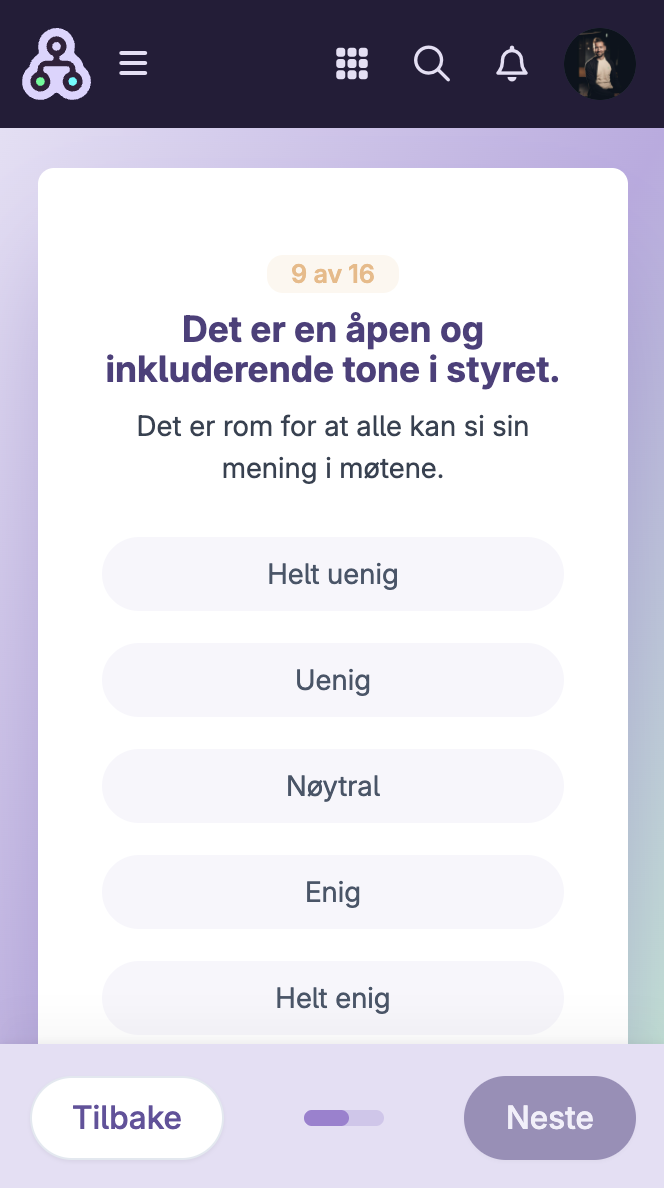 Spørsmål i styreevaluering med svaralternativer fra helt uenig til helt enig