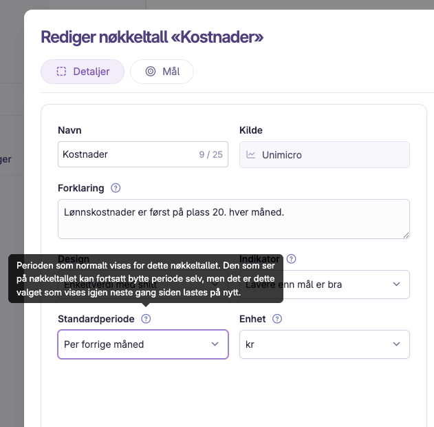 Skjermbilde: Standard perioder for nøkkeltall
