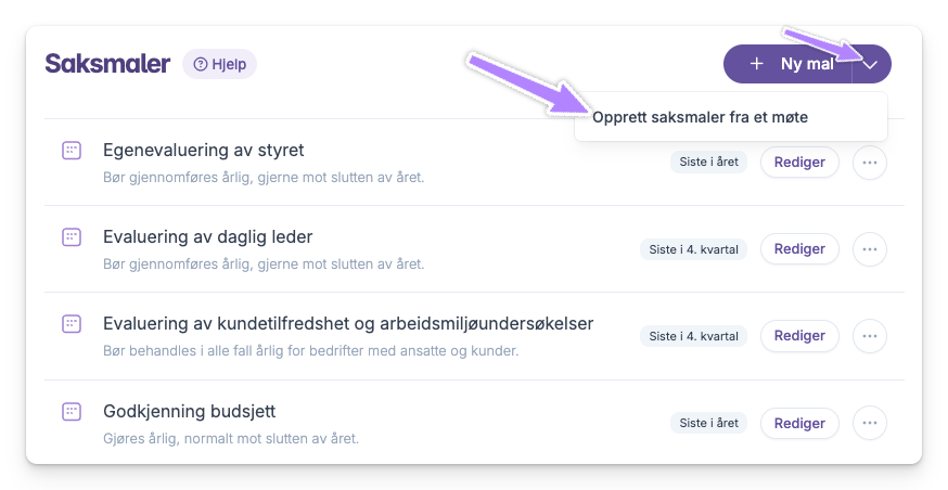 Saksmaler med meny for ny mal og valg for opprett saksmaler fra et møte