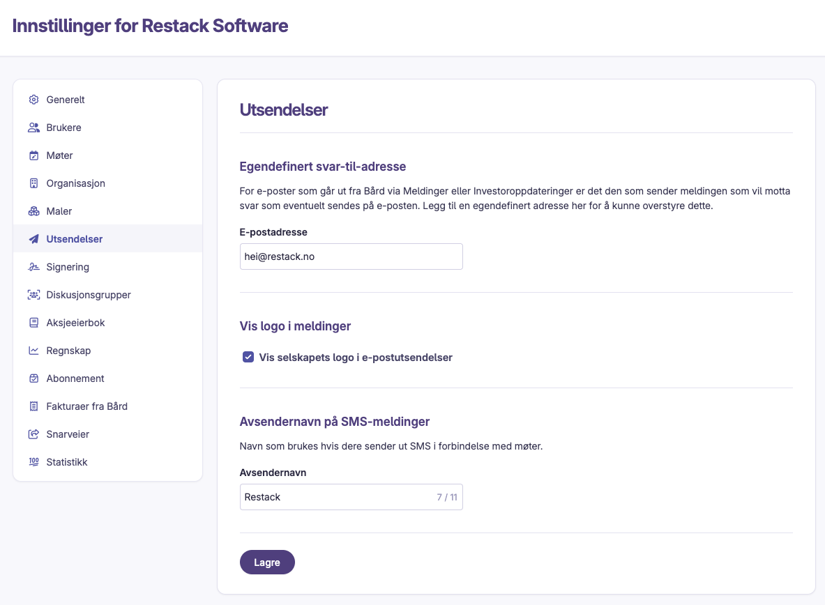 Innstillinger for utsendelser med svar-til-adresse og avsendernavn på SMS