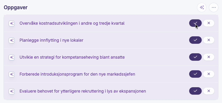 Liste over oppgaver med valg for å beholde eller slette hver oppgave