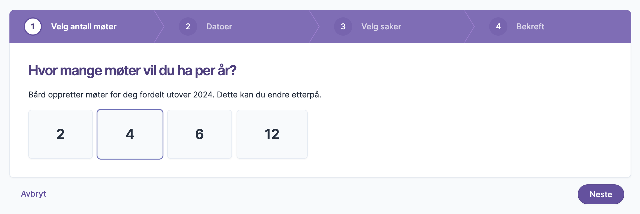Velg antall møter per år med alternativer 2, 4, 6 og 12 knapp for neste