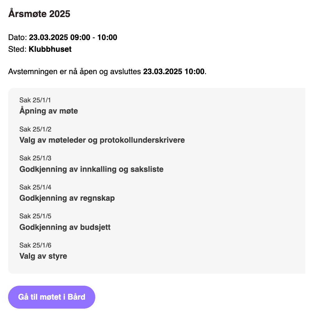 Innkalling til årsmøte med sakslisten og knapp for digitalt møte i Bård