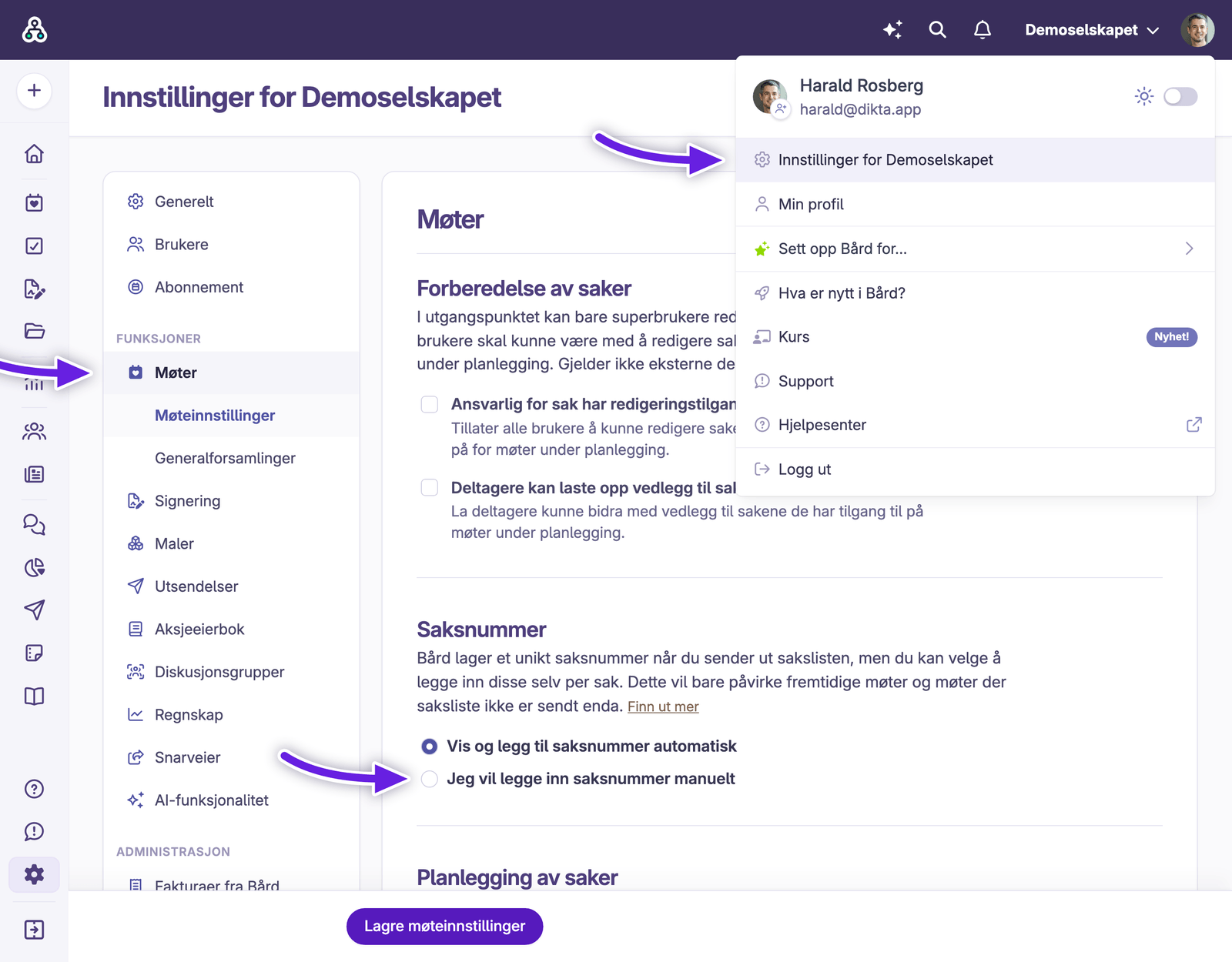 Innstillinger for møter med valg for redigering og manuell saksnummerlegging