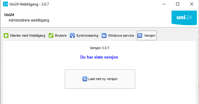 Uni24 Webtilgang versjon 3.0.7 med faner for brukere synkronisering og versjon