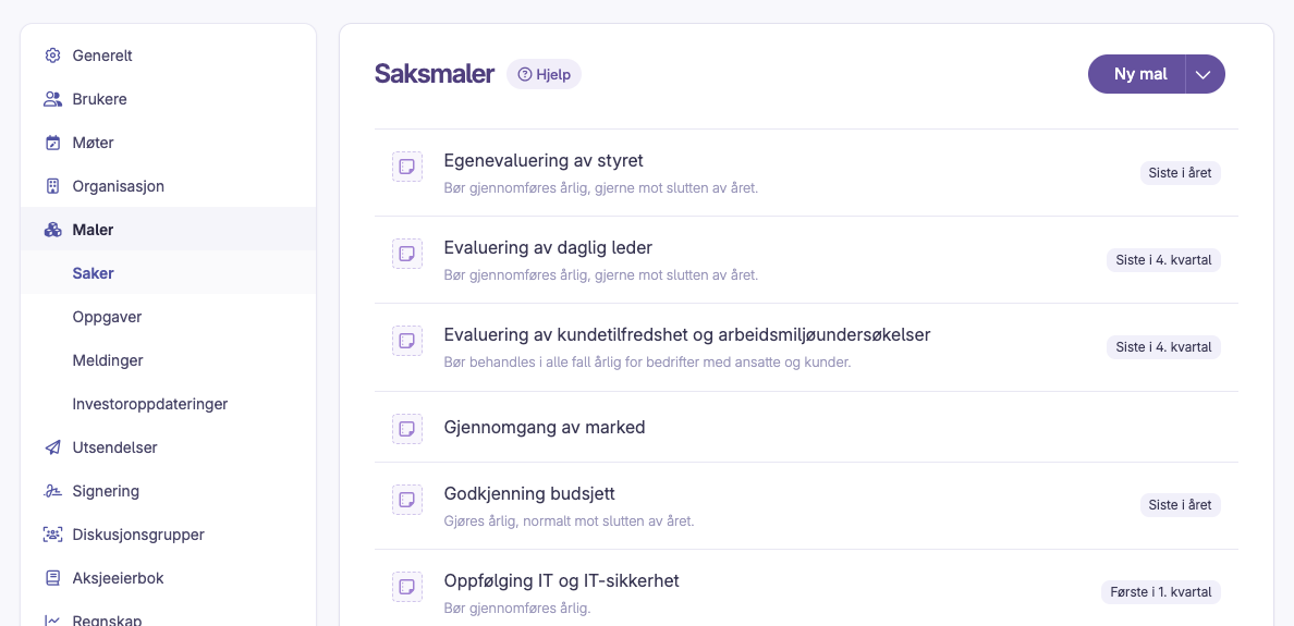 Oversikt over saksmaler i Innstillinger under Maler > Saker med opprett ny mal