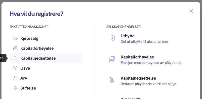 Skjermbilde 1: Kapitalnedsettelse ved sletting av aksjer