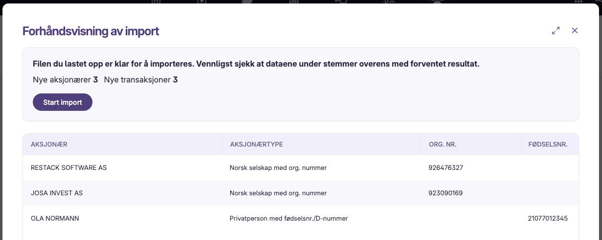 Forhåndsvisning med nye aksjonærer og transaksjoner klar for import uten