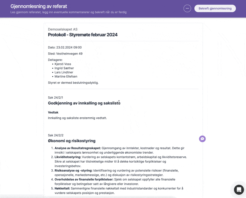Digitalt møteprotokoll med deltakerliste og punkter for godkjenning og økonomi