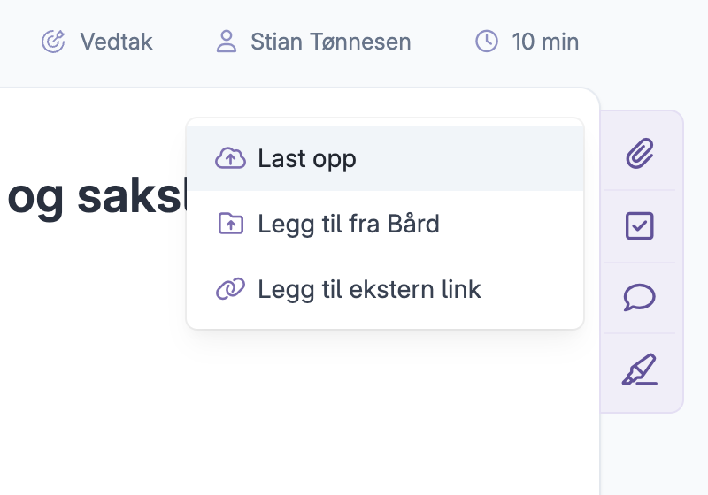 Meny for vedlegg med valg om opplasting, Bård eller ekstern link