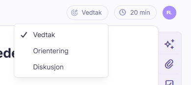 Meny for valg av sakstype med alternativene Vedtakssak, Orienteringssak og Diskusjonssak