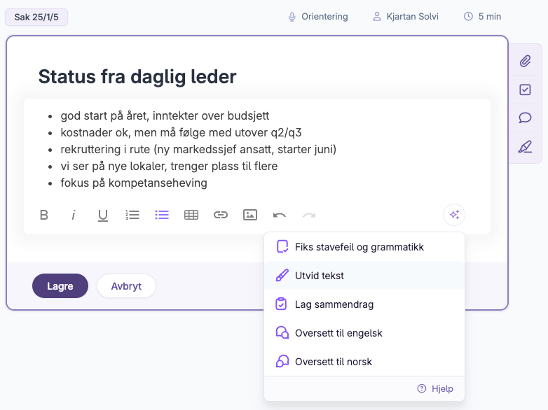 Tekstredigering med AI-assistent, liste over lederens status og funksjonsmeny