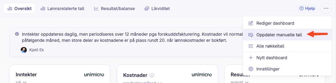 Skjermbilde: Oppdatere manuelle nøkkeltall