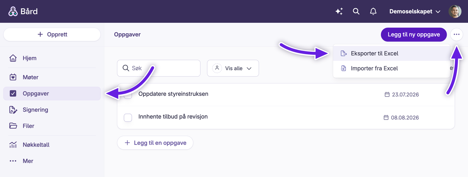 Oppgaveoversikt med søkefelt og meny for eksport og import til Excel-fil