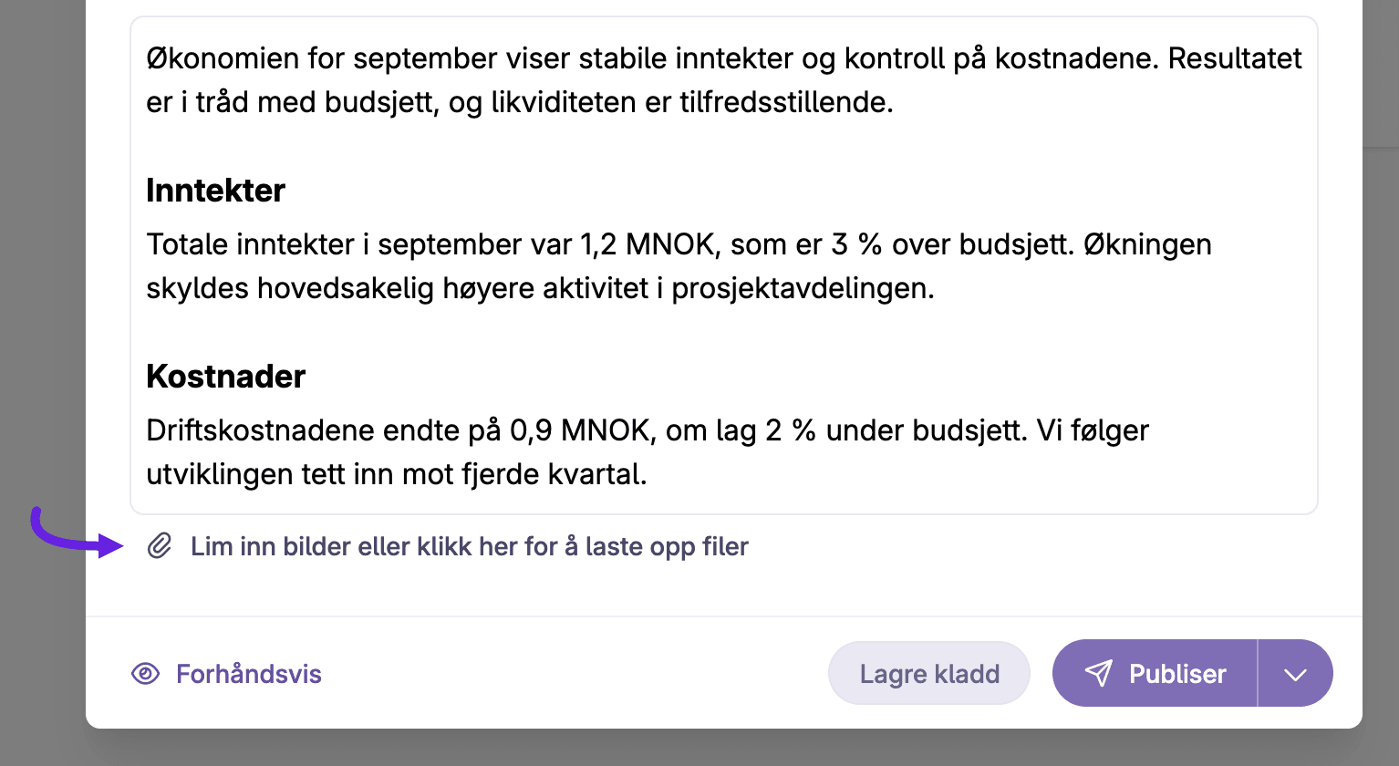 Meldingsvinduet med valget for å laste opp filer og legge til vedlegg