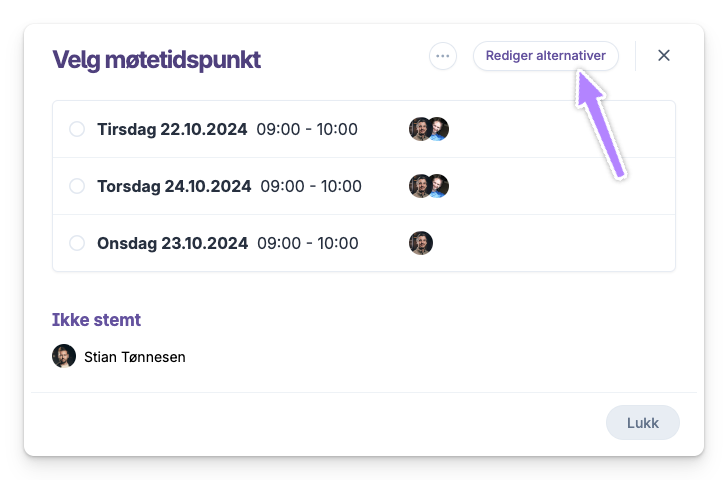 Valg av møtetidspunkt med knapp for redigering av alternativer og deltagerbilder