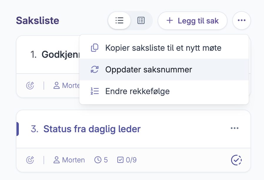 Meny for saksbehandling med valg for oppdatering av saksnummer i saksliste