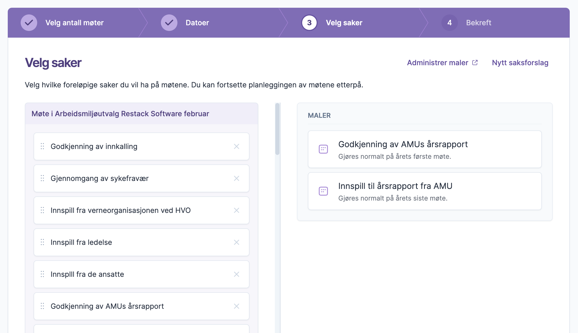 Planlegging av møter med valg av saker og maler i digitalt grensesnitt