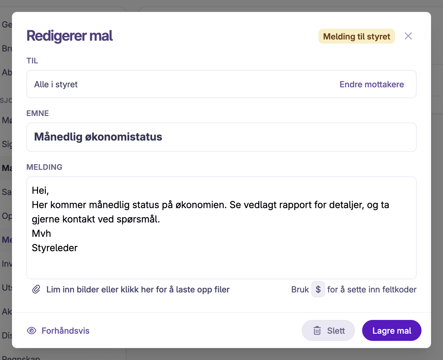 Redigering av en meldingsmal med forslag til tekst og mottakere