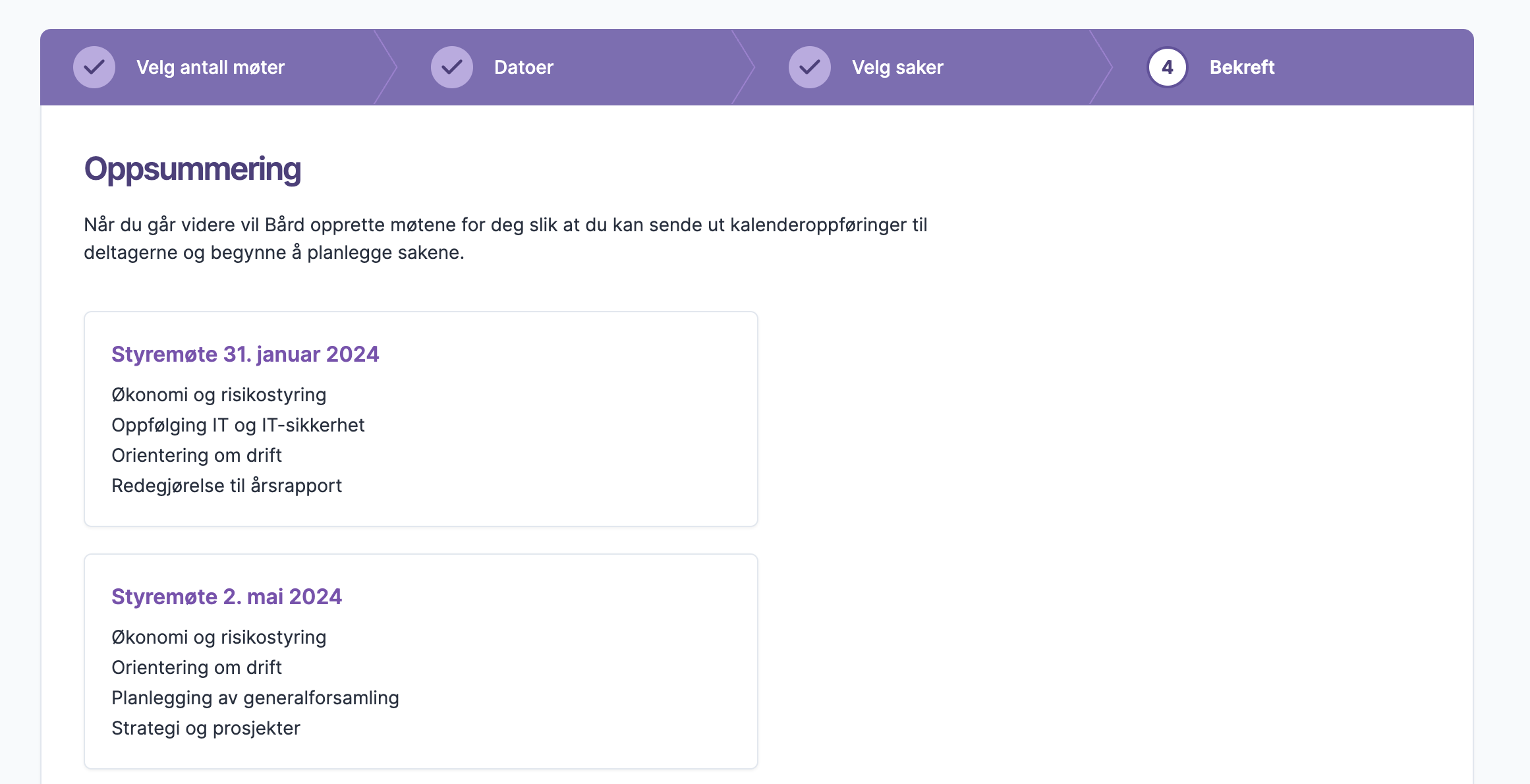 Oppsummering av møter med saker for styremøter og planlegging
