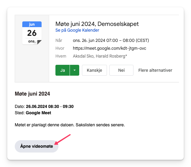 Kalenderinvitasjon med knapp for å åpne videomøte i Google Meet