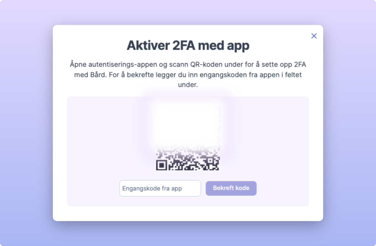 Aktivering av 2FA med QR-kode og felt for engangskode fra app