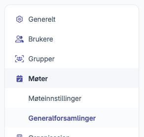 Meny med valg for Generelt, Brukere, Grupper, Møter og Generalforsamlinger
