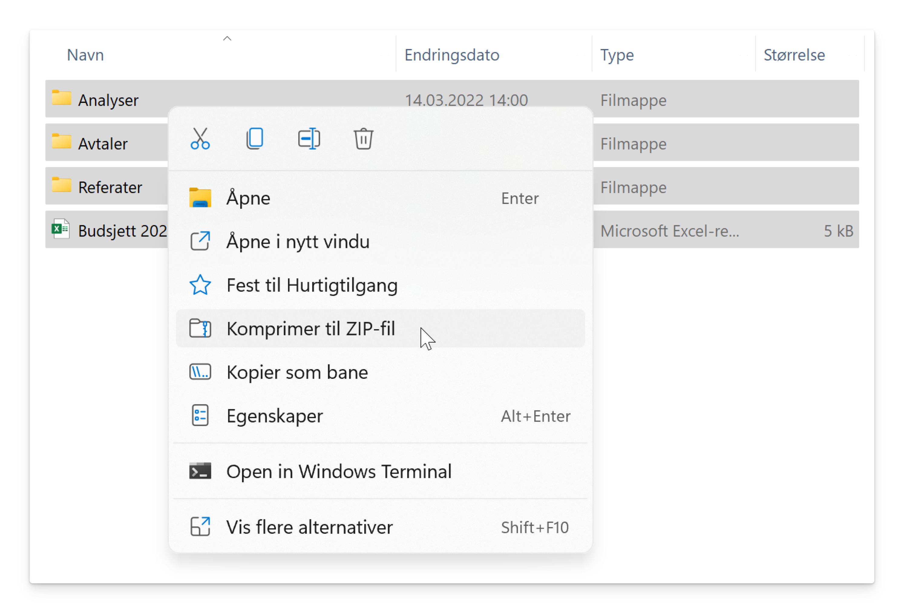 Høyreklikk-meny med valg for å komprimere filer i zip-format i mappestruktur