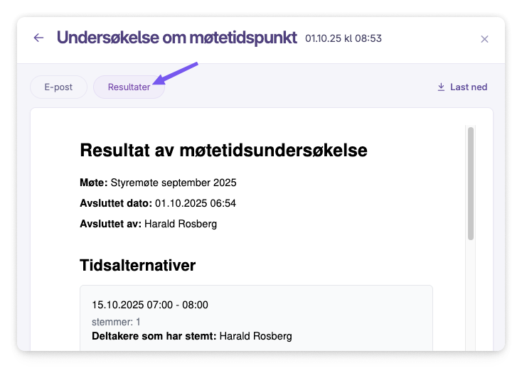Resultater fra undersøkelse om møtetidspunkt med stemmer og deltakernavn