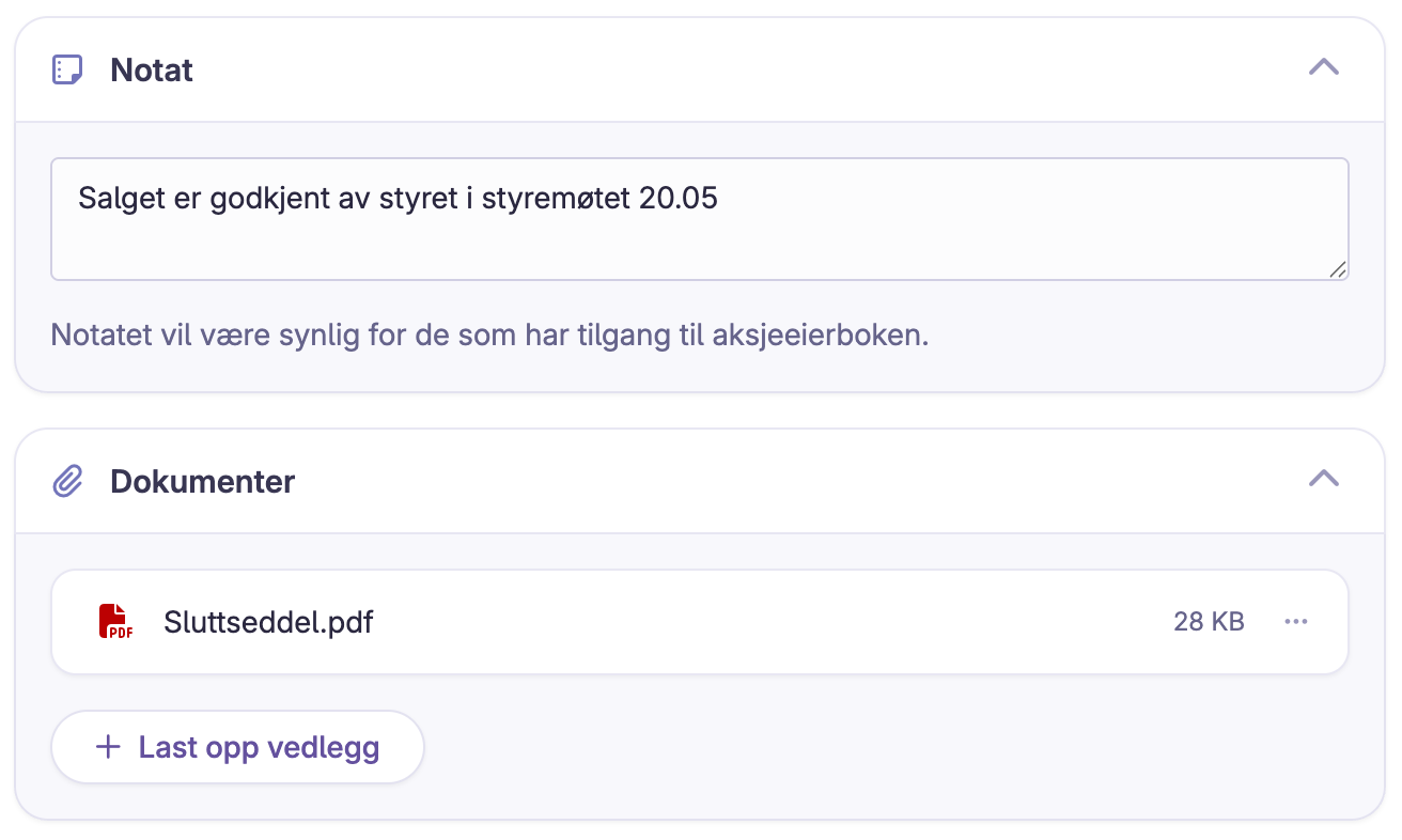 Notatfelt med tekst og PDF-dokument vedlegg for enkeltransaksjon